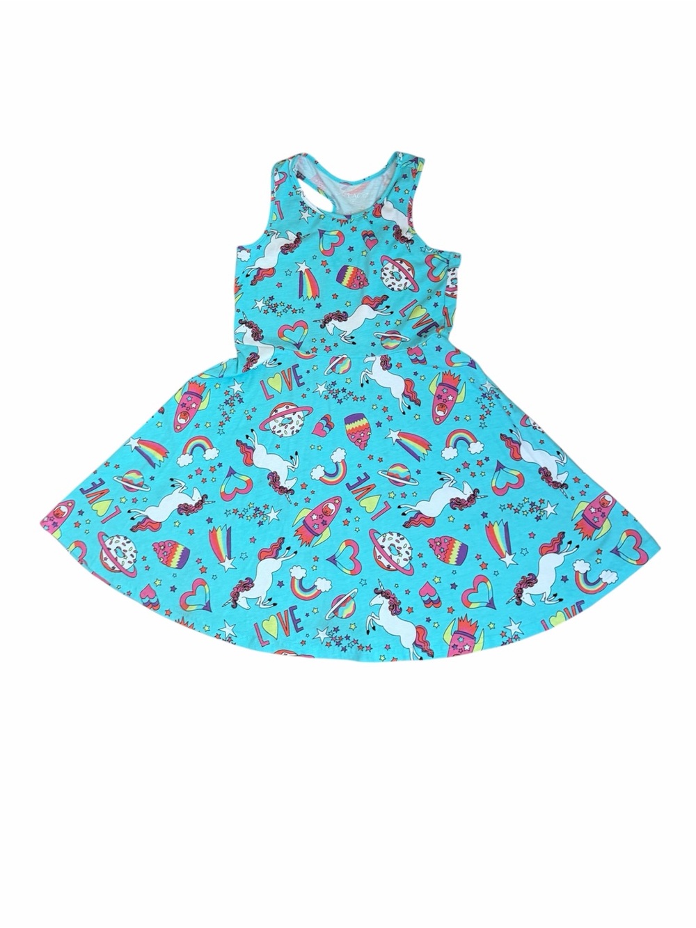 Place Girls' Turquoise Unicorn & Rainbow Print Sleeveless Dress